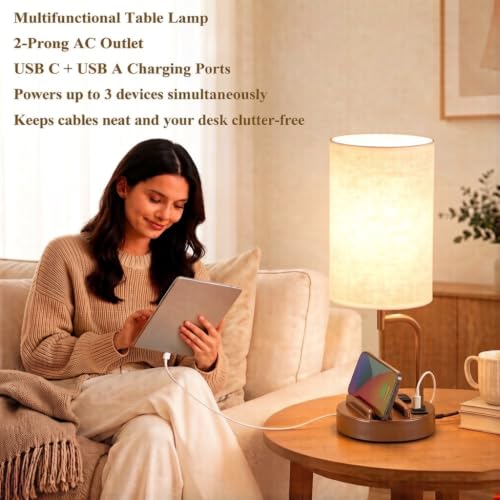 Dreamholder Touch Control USB Table Lamp with USB C/A & AC Outlet, 3-Way Dimmable Bedside Lamp, Modern Nightstand Lamps for Bedroom Living Room Guest Room Office, Bulb Included, Brown - color: Brown