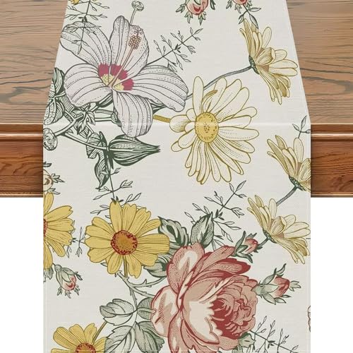 Snycler 13x72 Inch Table Runner Wildflowers Floral Spring Table Runner, Seasonal Summer Daisy Kitchen Dining Table Luxury White Linen Decoration for Home Party - color: Daisy Floral, size: 13" x 72"