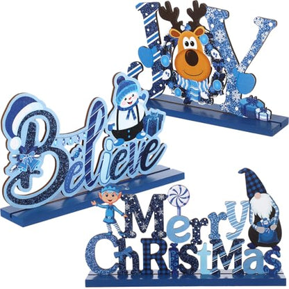 Blulu 3 Pcs Blue Christmas Wooden Signs Tabletop Farmhouse Centerpieces - color: Blue