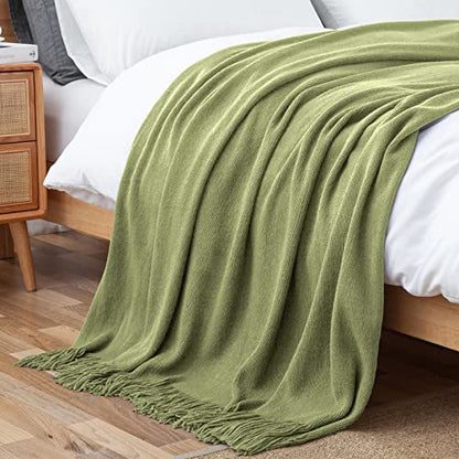 Vonty Olive Green Knitted Throw Blanket with Tassels Fringe, 50x60 Acrylic - color: Olive Green, size: 50" x 60"