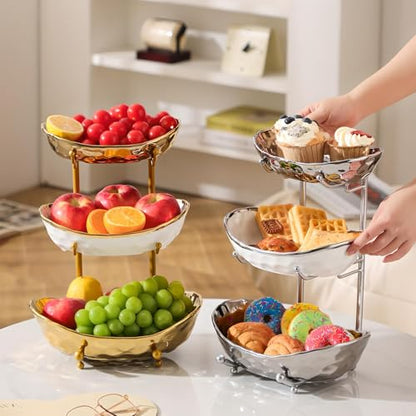 XUDREZ 3 Tier Fruit Bowl with Metal Stand for Kitchen Counter, Ceramic White Gold Silver, Tiered Fruit Basket for Nuts, Snacks, Bread, Candy Storage (Gold) - color: Gold