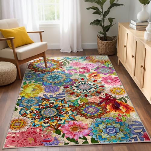 3'x5' Boho Floral Area Rugs for Entryway Kitchen Living Room Bedroom, Non-Slip Machine Washable Colorful Flower Entry Rugs Carpet Door Mat Indoor Entrance Aesthentic - color: Boho Floral, size: 3' x 5'