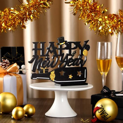 Amyhill 2026 Happy New Year Wood Sign Wooden Black Gold Glitter Tabletop Decorations 2026 Table Centerpiece for New Year Eve Party Supplies Home Decorations - style: Happy New Year