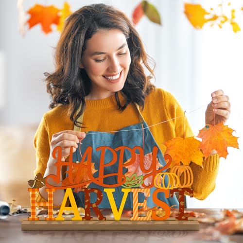 Fall Pumpkin Table Decorations Centerpiece, Metal Table Sign - style: Happy Harvest