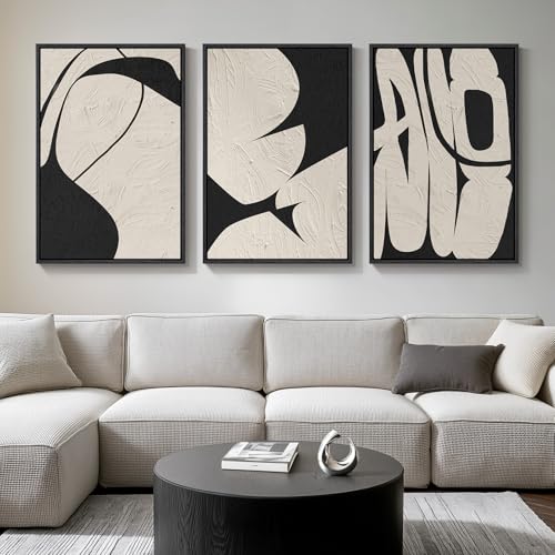 Large Framed Neutral Abstract Wall Art, 3 Piece Black and Beige, 24x36 In - color: Black & Beige Forms, size: 24" W x 36" H x 3pcs