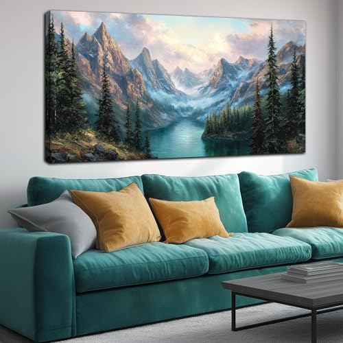 MXUNYZ Mountain Green Tree Lake Nature Landscape Prints Wall Art - color: Blue Green, size: 58"L x 29"W