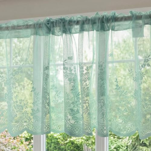 Molaxhome Kitchen Curtains Valance Blue Lace Floral Semi Sheer Curtain - color: Blue-green, size: 54"W x 24"L (Pack of 1)