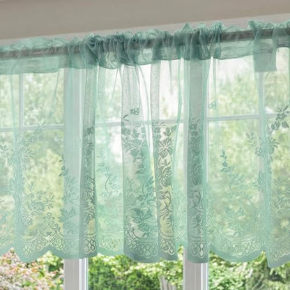 Molaxhome Kitchen Curtains Valance Blue Lace Floral Semi Sheer Curtain - color: Blue-green, size: 54"W x 24"L (Pack of 1)