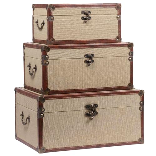 Farmhouse Decorative Storage Trunks Set of 3 Linen and Wood Boho Vintage Boxes with Metal Handles and Clasp, Rustic Wooden Keepsake Chests for Living Room, Entryway & Bedroom Organization