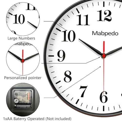 Black Wall Clock, 10 Inch Wall Clocks Battery Operated, Large Number Classic Silent Non Ticking Quartz Analog Decorative Wall Clocks for Living Room Bedroom Kitchen Gym Office School Hotel