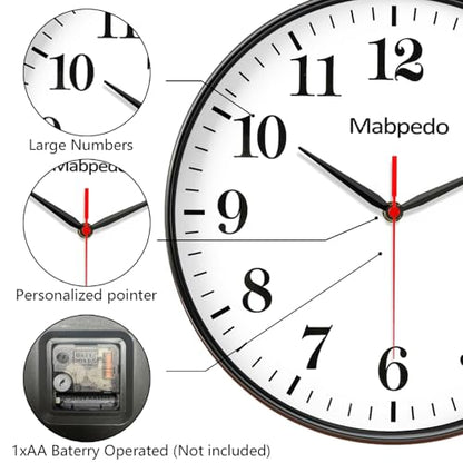 Black Wall Clock, 10 Inch Wall Clocks Battery Operated, Large Number Classic Silent Non Ticking Quartz Analog Decorative Wall Clocks for Living Room Bedroom Kitchen Gym Office School Hotel