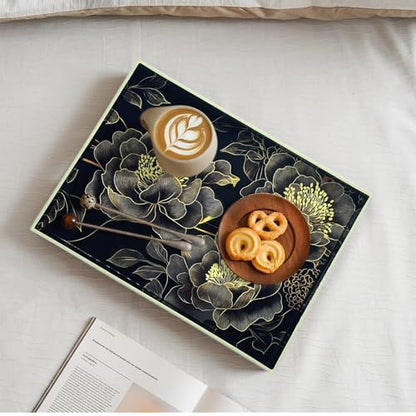 Serving Tray with Handles, 15.7 * 11.8 inches, Plastic Ottoman Tray with Exquisite Paintings, Trays for Coffee Table - color: Black Peony