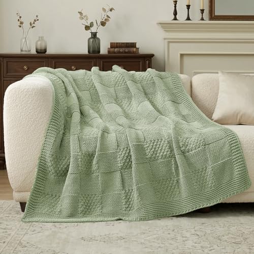 Amélie Home Checkered Knit Throw Blanket for Bed, Sage Green, 60"x80" - color: Checkered Sage Green, size: Checkered Knit 60"x80"