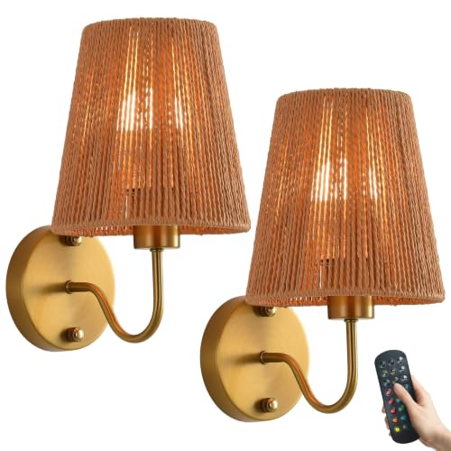 Boho Battery Operated Wall Sconces Set of 2, Gold Rattan Shade Wireless Wall Lights with Remote Rechargeable Bulbs, 15 Colors and Dimmable, Cordless Battery Powered Wall Lamp for Living Room Bedroom - color: Gold 11.8 Inch