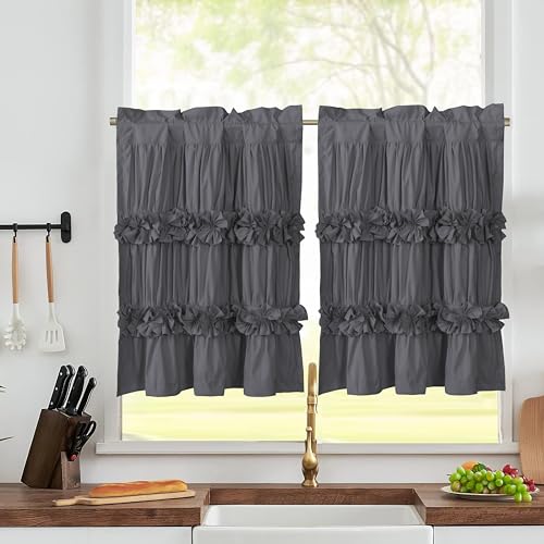 HIG 2 Pack Gray Handcrafted Window Treatment Tiers Curtains, 30"x36" - color: Darkgray, size: 30"W x 36"L (Pack of 2)