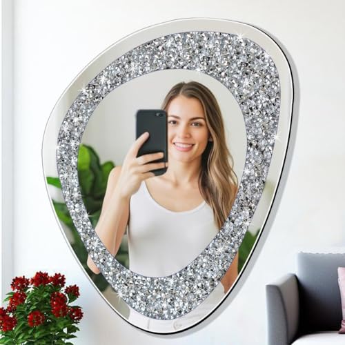 DMDFIRST Modern Irregular Shaped Wall Mirror – 21.6x16 Inch Decorative Oval Diamond Decor Mirror for Living Room, Bedroom, Bathroom, Entryway - size: 21.6"L x 16"W