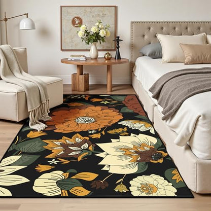 Tyrot Black Boho Floral 3x5 Area Rug, Washable Mid Century Modern Style - color: Warm Ember, size: 3' x 5' (Rectangular)