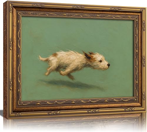 Vintage Gold Framed Dog Wall Art Funny Dog is Zooming on The Grass Wall Decor Fun and Beautiful Country Landscape Painting Picture Cottagecore Rustic Print Artwork for Living Room Bedroom - color: Dog, size: 16"L x 12"W