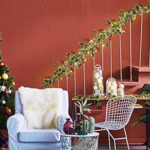 Christmas Garland with Lights, 6 FT Battery Operated Garland with 60 LED Lights, Timer, Lighted Garland with Berries Pine Cones for Mantle Stairs Railing Home Xmas Decoration Indoor