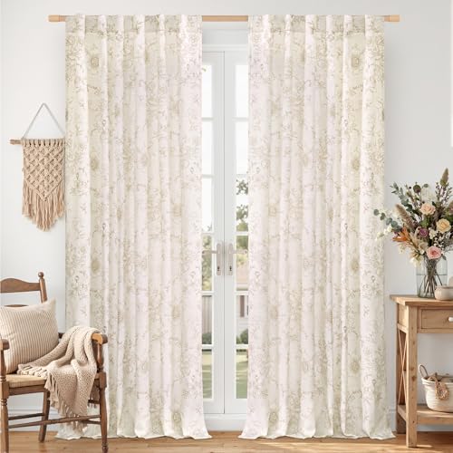 LAMIT Floral Vintage Linen Curtains 84 Inch Long for Living Room 2 Panels - color: Beige, size: 52"W x 84"L (Pack of 2)