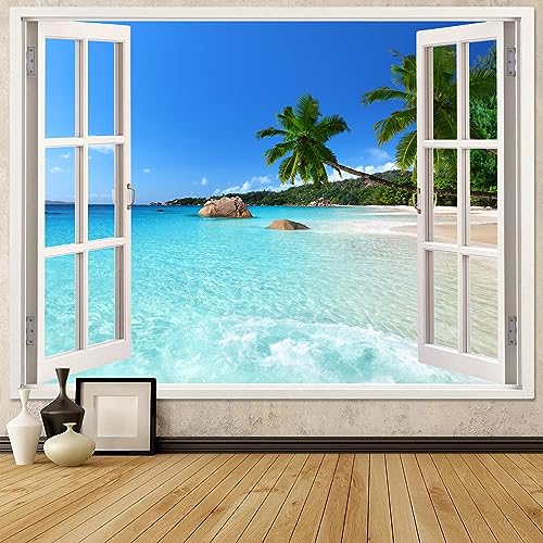 Leeisysme Beach Landscape Tapestry, Tropic Ocean Sea Island Palm Tree Seaside Tapestries for Living Room Summer Window Wall Hanging Teal Wave 36×48 Inch - color: Teal Wave, size: 48"L x 36"W