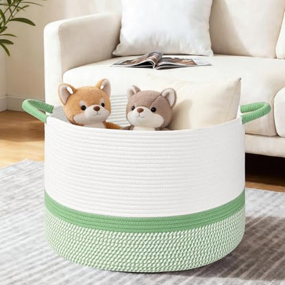 67L Large Blanket Basket, 20"x13" Blanket Basket Living Room, Woven Baskets With Handle, Toy Baskets for Blankets, Nursery, Dog, Pillow, Gift (White & Green) - color: White & Green, size: 67L