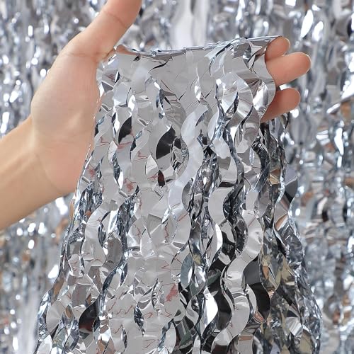 3 Pack Wave Silver Tinsel Curtain - 3.3x6.6 Feet Foil Streamers Birthday Party Decorations Wedding Background Decor Photo Booth Props - color: Pure Silver