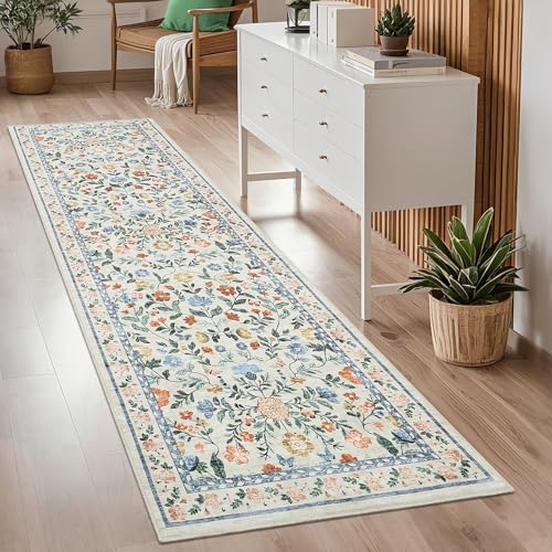 GarveeHome Washable Floral Runner Rug 2.5x8 Non-Slip Low Pile Hallway Green - color: Green, size: 2'6" x 8' (Rectangular)