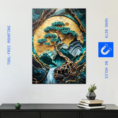 Displate 금속 포스터 Pixaverse 골든 트리 오브 하모니 아트 월 아트 L - size: 26.6"L x 18.9"W, style: 분재 나무
