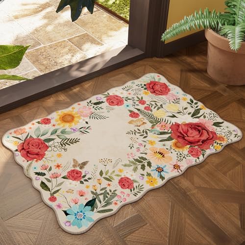 Washable Entryway Small Area Rugs: Door Mat Indoor Entrance 2x3 Floral Rug Ultra Thin Stain Resistant Non Slip Low Pile Lightweight Carpet for Kitchen, Front Door, Small Spaces Decor (Beige) - color: Beige, size: 2’x3’ (Rectangular)
