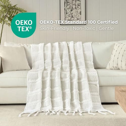 Boho Knitted Chenille Blanket with Tassels - Lightweight & Soft All-Season Throw - 3D Classic Pattern for Living Room Bedroom Couch, Cloud White, Throw 50"x60" - color: Cloud White, size: Throw