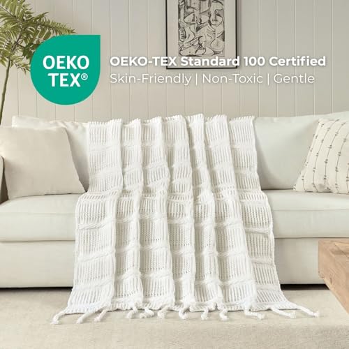 Boho Knitted Chenille Blanket with Tassels - Lightweight & Soft All-Season Throw - 3D Classic Pattern for Living Room Bedroom Couch, Cloud White, King 90"x108" - color: Cloud White, size: King