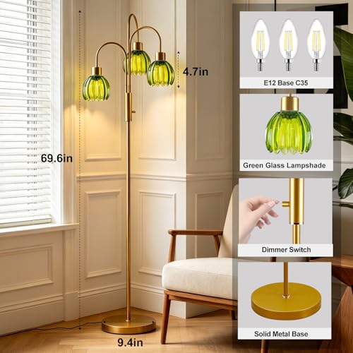 Green Lotus Glass Floor Lamp 3-Light 70" Gold Dimmable Tall Standing Lamp - color: Green Lotus-Gold