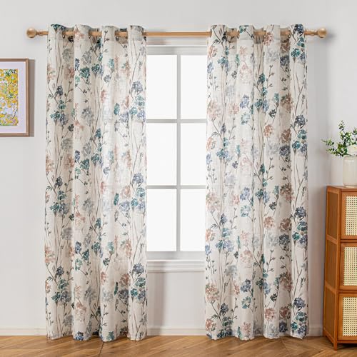 MYSKY HOME Floral Curtains for Living Room Linen Look Semi Sheer Vertical Light Filtering Privacy Drapes Decor Farmhouse Style Texture for Bedroom Dining Room, Brown, W52 x L84, Pack-2 - color: A-brown, size: 52"W x 84"L (Pack of 2)