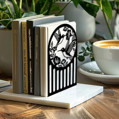 Peacoblue 5.3"x4.3"x7.9" Metal Bookends, Heavy Duty Book Ends for Shelves - style: Hummingbird and Flower