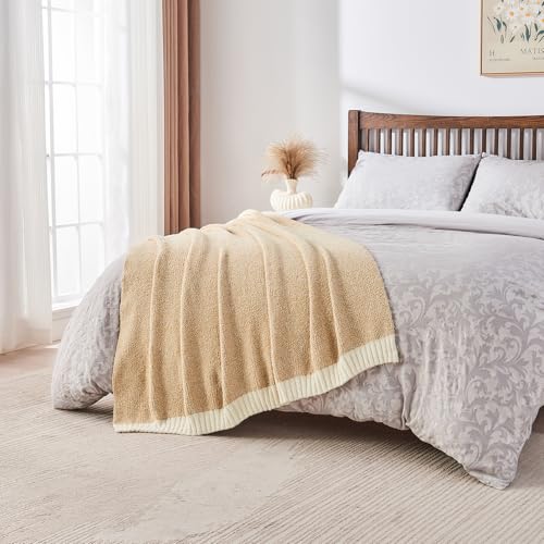 CozeCube Reversible Knitted Throw Blanket, Beige White Melange 50"x60" - color: M-khaki Tan, size: 50"x60"