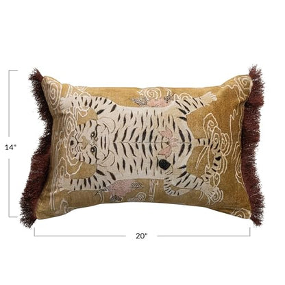 Creative Co-Op Tibetan Tiger Print Fringe Cotton Velvet Lumbar Pillow, Multicolor Finish