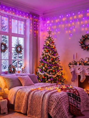Halloween Icicle Lights Outdoor,300 LED Purple and Orange Lights - color: Orange Purple