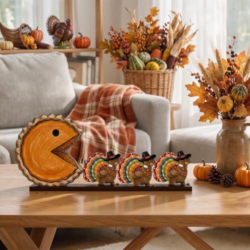 Smile Thanksgiving Wooden Standing Decor, Pumpkin Pie Turkey and Mini Turkeys Tiered Tray Tabletop Signs With Stands for Home And Party Decorations - style: Retro