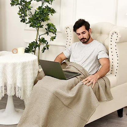 PHF 100% Cotton Waffle Throw Blanket Lightweight Breathable, Simply Taupe - color: Khaki/Simply Taupe, size: Throw(50" x 60")