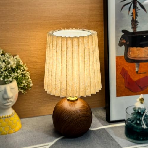 Small Pleated Table Lamp for Bedroom, Bedside Lamps for Nightstand, Dimmable Desk Lamp Ceramic Wood Grain Base Round Flaxen Fabric Shade for Living Room, Kids Room, LED Bulb Included (Modern) - style: Modern