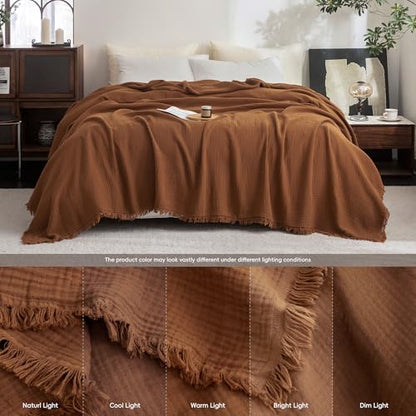 FOSSA Muslin Blanket 4-Layer 100% Cotton Gauze Blanket with Fringe 50"x60" - color: Dark Orange, size: Throw (60" × 50")