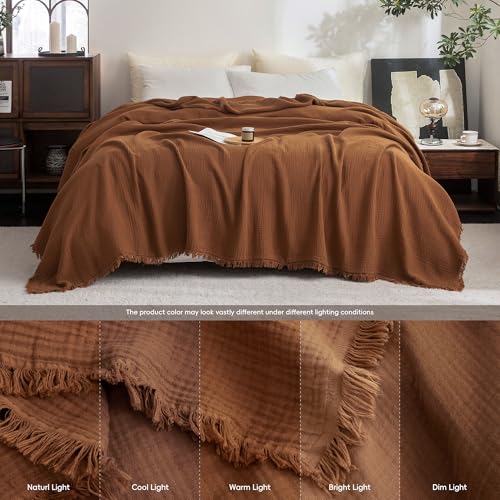 FOSSA Muslin Blanket 4-Layer 100% Cotton Gauze Blanket with Fringe 50"x60" - color: Dark Orange, size: Throw (60" × 50")