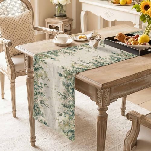 Sage Green Eucalyptus Leaves Table Runner 36 Inches Long,Retro Botanical Beige Cotton Linen Table Runners Dresser Scarves,Spring Leaf Fabric Tabletop Scarf Furniture Cover for Home Dinner Party13 x36 - color: Light Beige Sage Green, size: 13x36 Inches