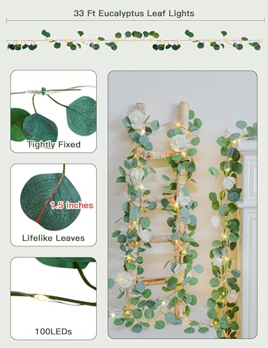 suddus 33FT Eucalyptus Garland String Lights Battery Operated Copper Wire - color: Eucalyptus, size: 100 LED-Battery