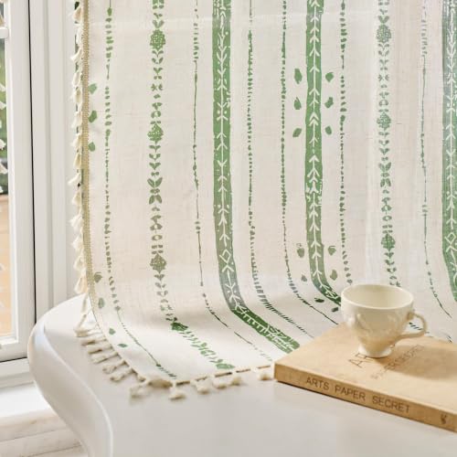 Green Boho Curtains for Living Room with Tassel 63 Inch 2 Panels - color: T-green, size: 52"W x 63"L (Pack of 2)