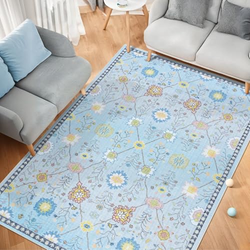 8x10 Area Rugs, Washable Floral Boho Large Rugs, Non Slip Low Pile Ultra-Thin Carpet, Indoor Door Mat for Living Room, Kids Playroom, Bedroom, Girls Dorm, Nursery (Blue Floral) - color: Blue-floral, size: 8' x 10' (Rectangular)