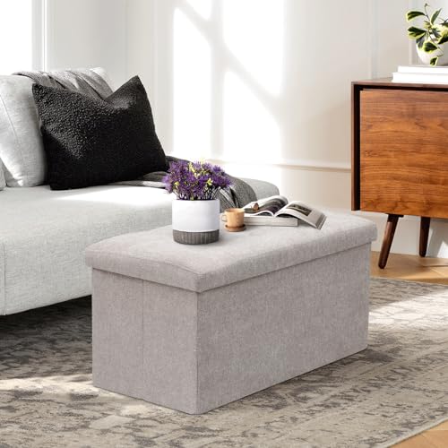 Athena Collection 30" Storage Ottoman Bench Folding Bench with 90L Hidden Storage, Large End of Bed Bench Linen Foot Rest Stool Chest with Flipping Lid for Living Room Bedroom Entryway, Sandy Beige - color: Sandy Beige, style: 30" Linen