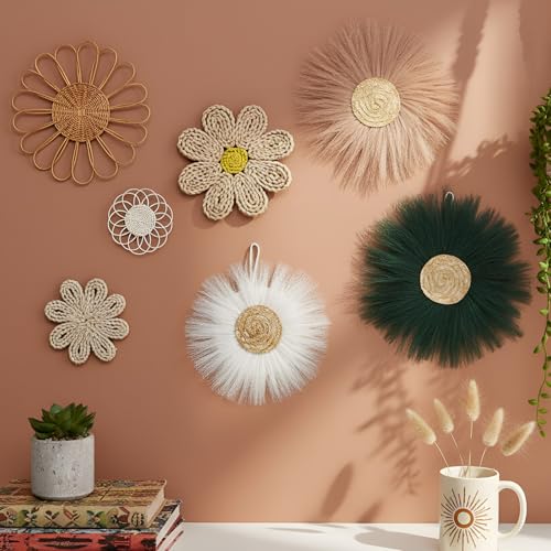 Chunful 7 Pcs Boho Wall Basket Decor Rattan Flower, Emerald Green - color: Emerald Green