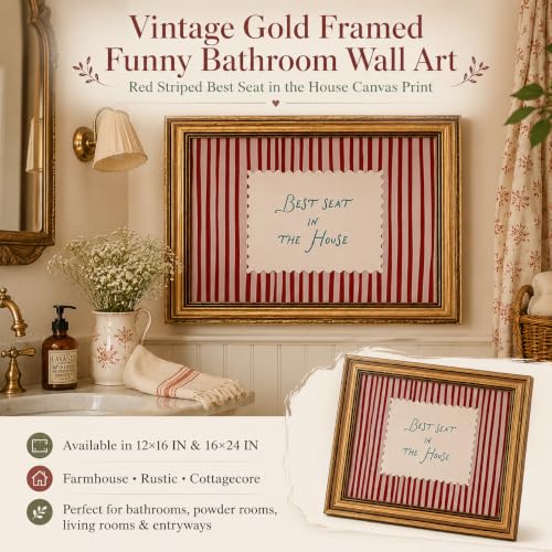 Funny Bathroom Wall Art, Vintage Gold Framed Best Seat in the House, 12x16 - color: red, size: 16"L x 12"W